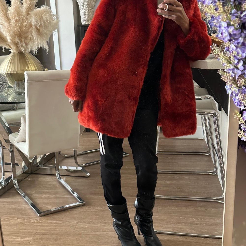 H&M RED FUR FAUX FUR COAT WINTER COAT